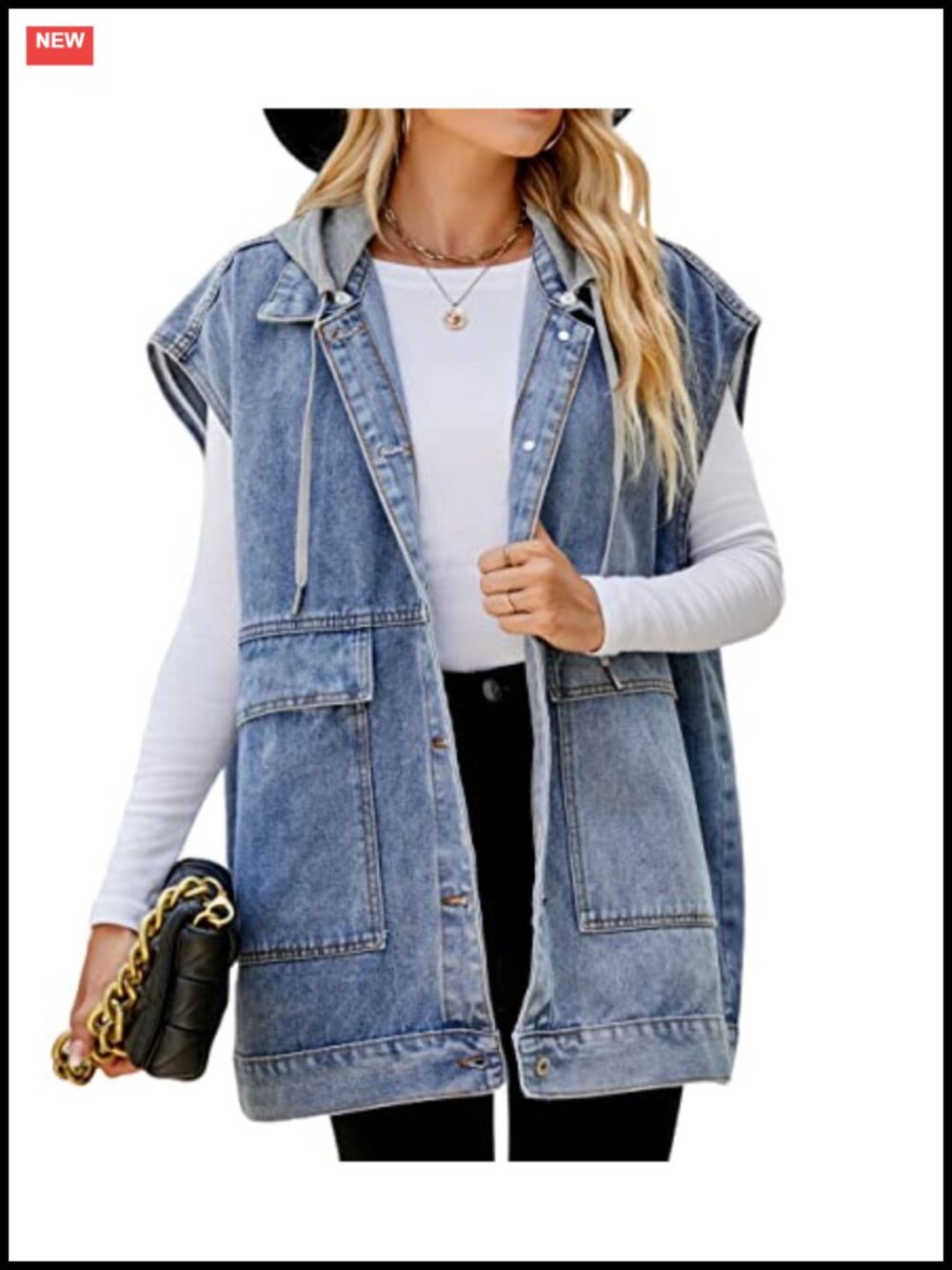 Oversized Denim Vest Sleeveless Distressed Jean Vest with Pockets Casual